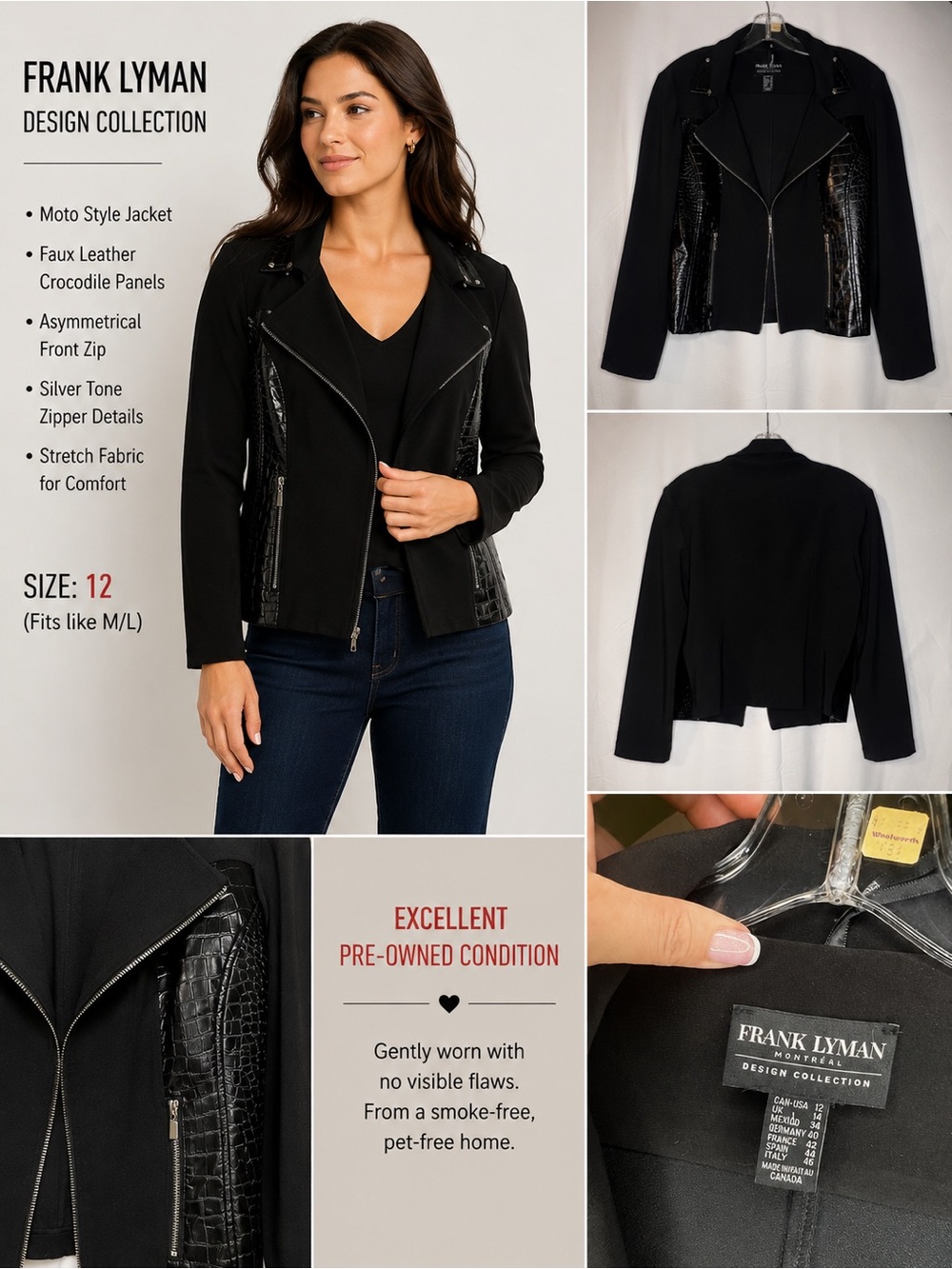 Frank Lyman Design Black Faux-Croc Panel Moto Jacket
